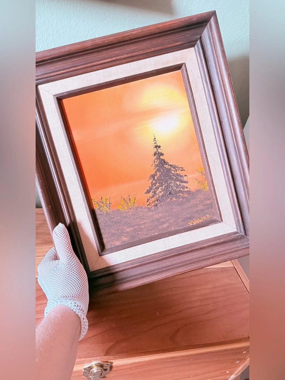 Vintage Signed V. Howes Sunset Pine Tree Landscape Painting Framed 12.5x14.5”